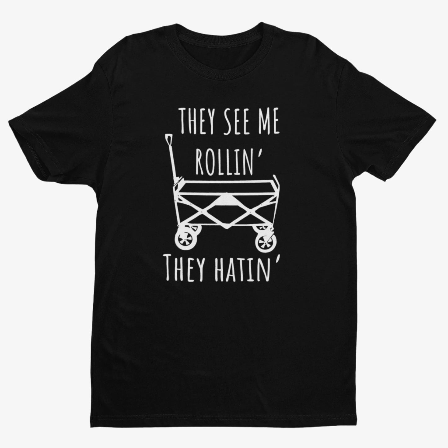 Black t-shirt with white graphic playful design featuring a classic wagon graphic with the bold phrase, 