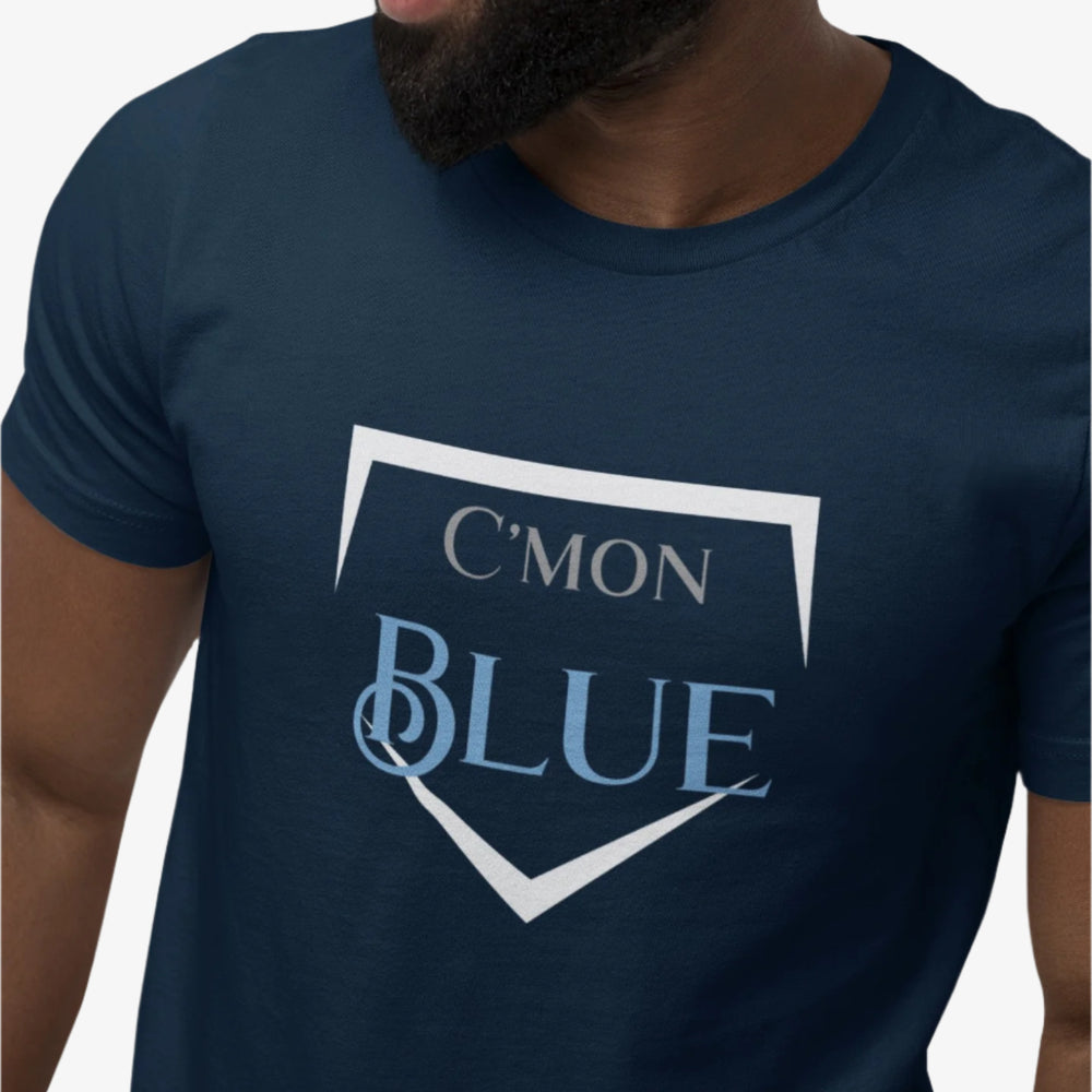 Man wearing a navy blue t-shirt with 'C'MON BLUE' text design.