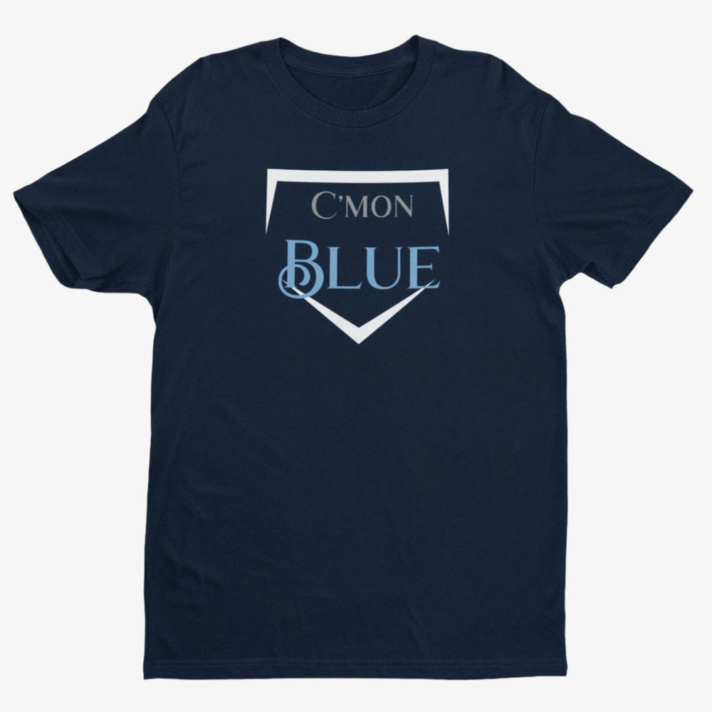 Navy blue t-shirt with 'C'MON BLUE' graphic on a white background