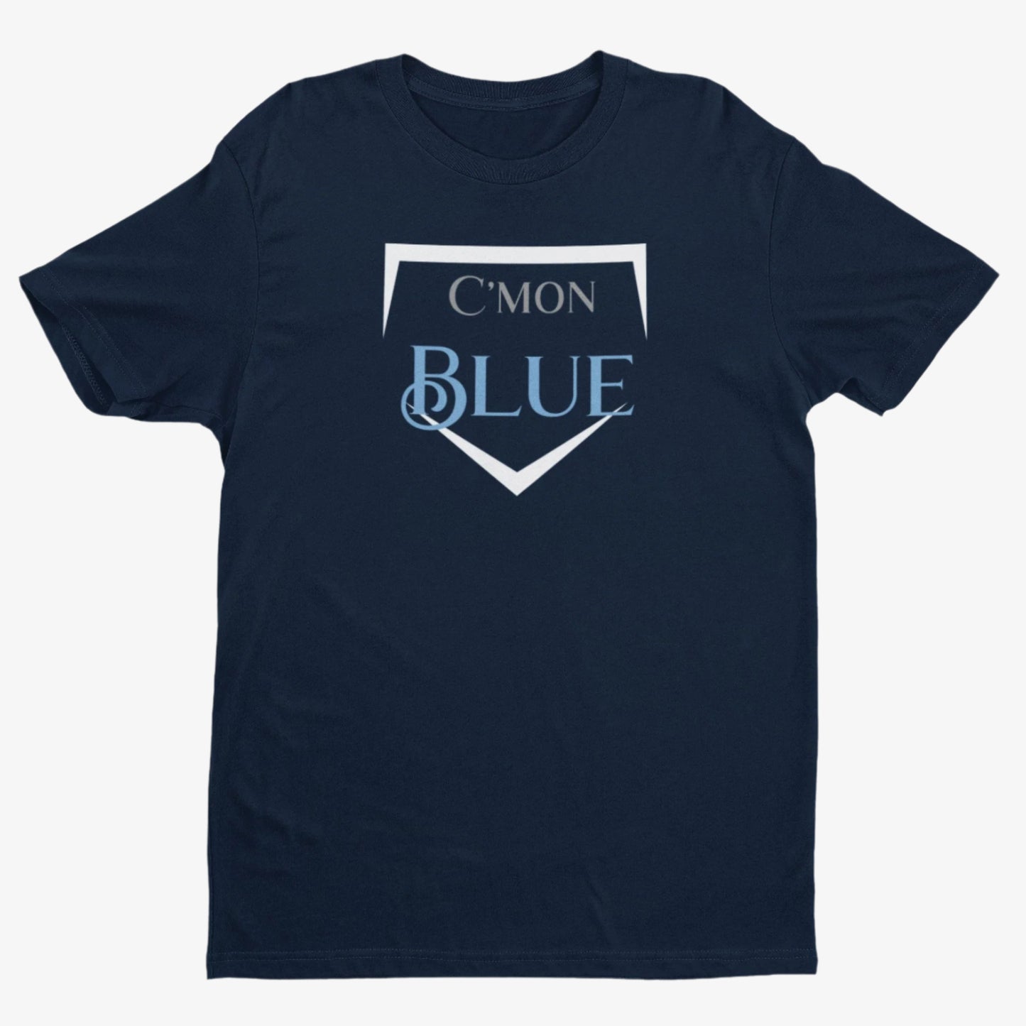Navy blue t-shirt with 'C'MON BLUE' graphic on a white background