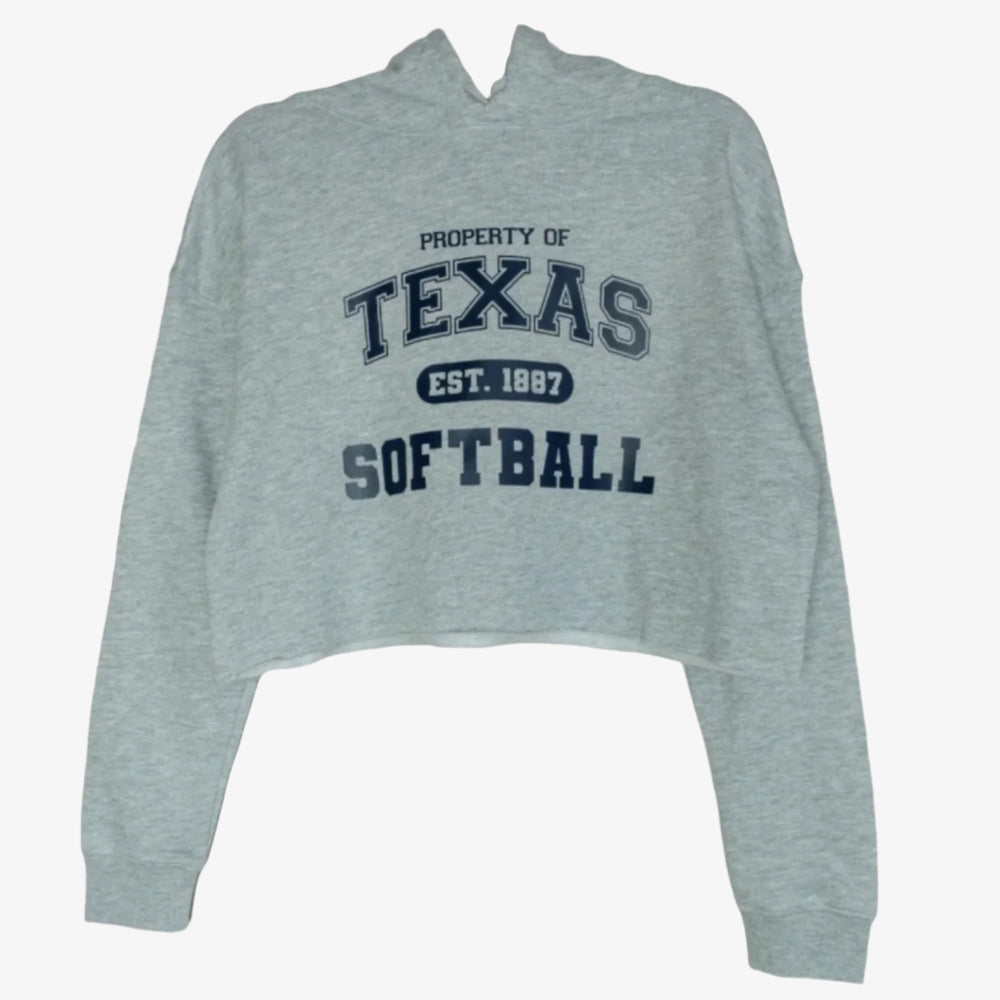Gray hoodie with 'Property of Texas Softball' text on a white background