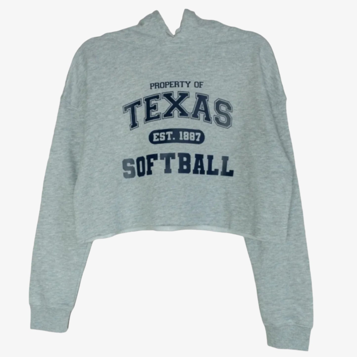 Gray hoodie with 'Property of Texas Softball' text on a white background
