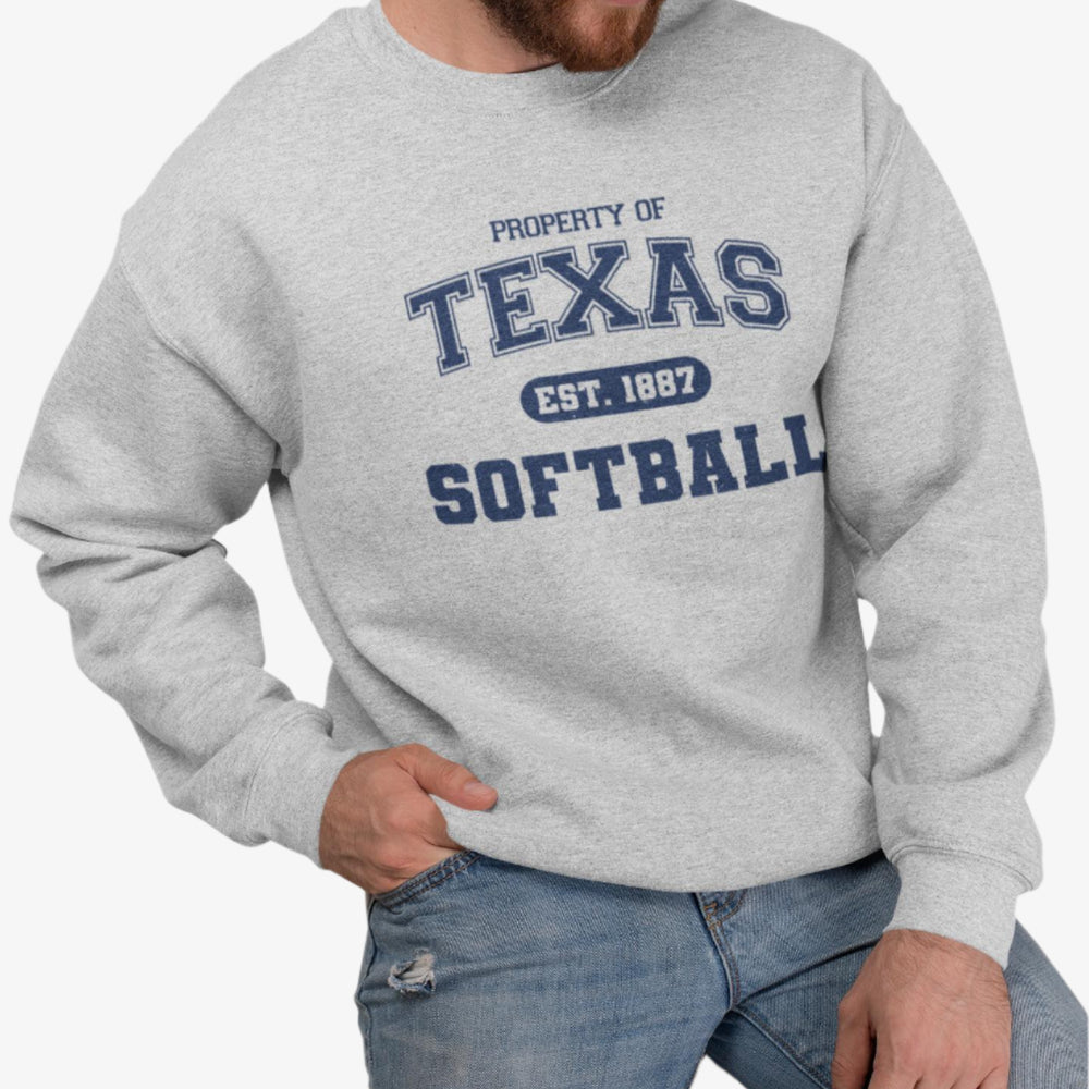 Man wearing a gray sweatshirt with 'Property of Texas Softball' text on a white background