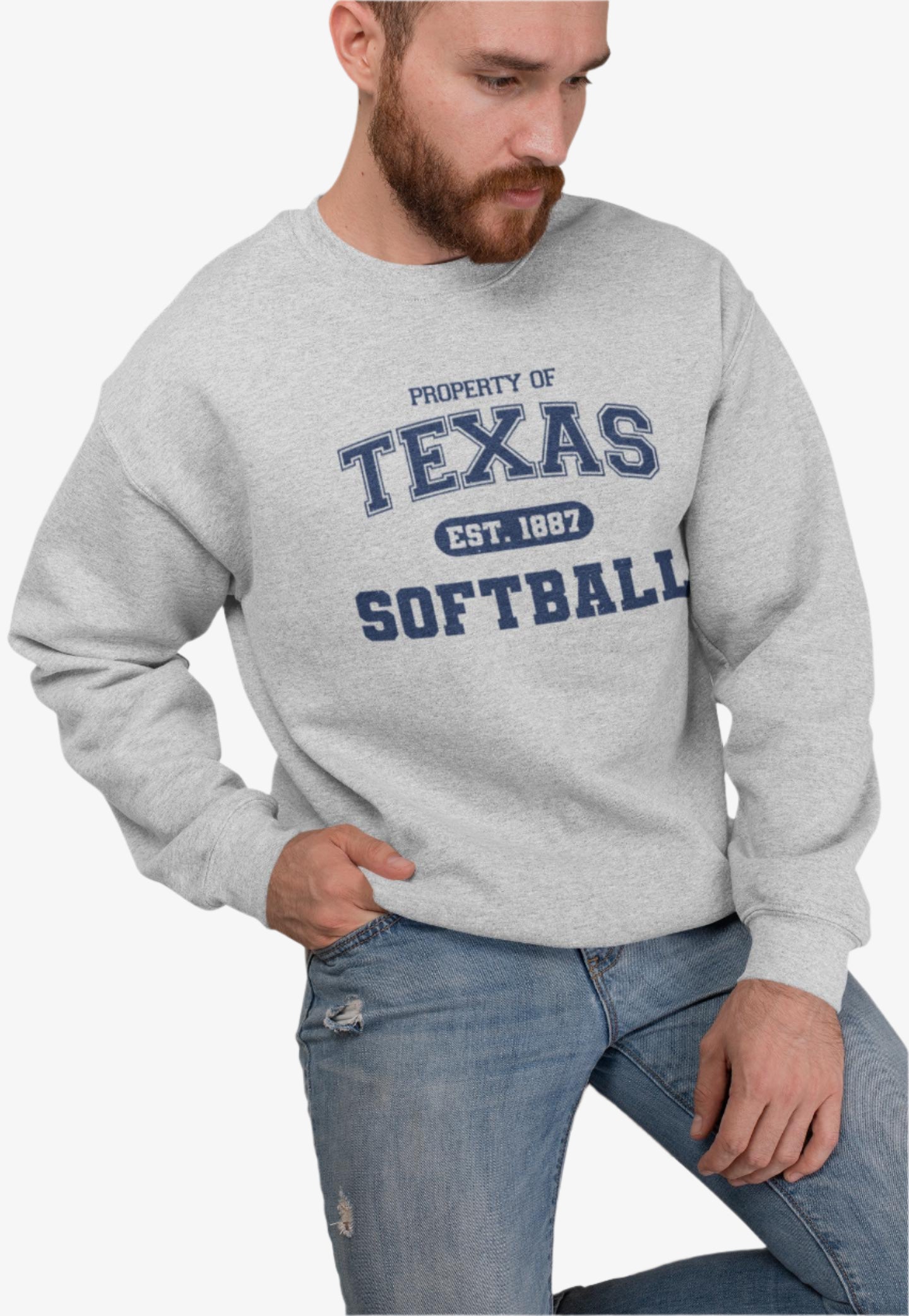 Man wearing a gray sweatshirt with 'Property of Texas Softball' text on a white background
