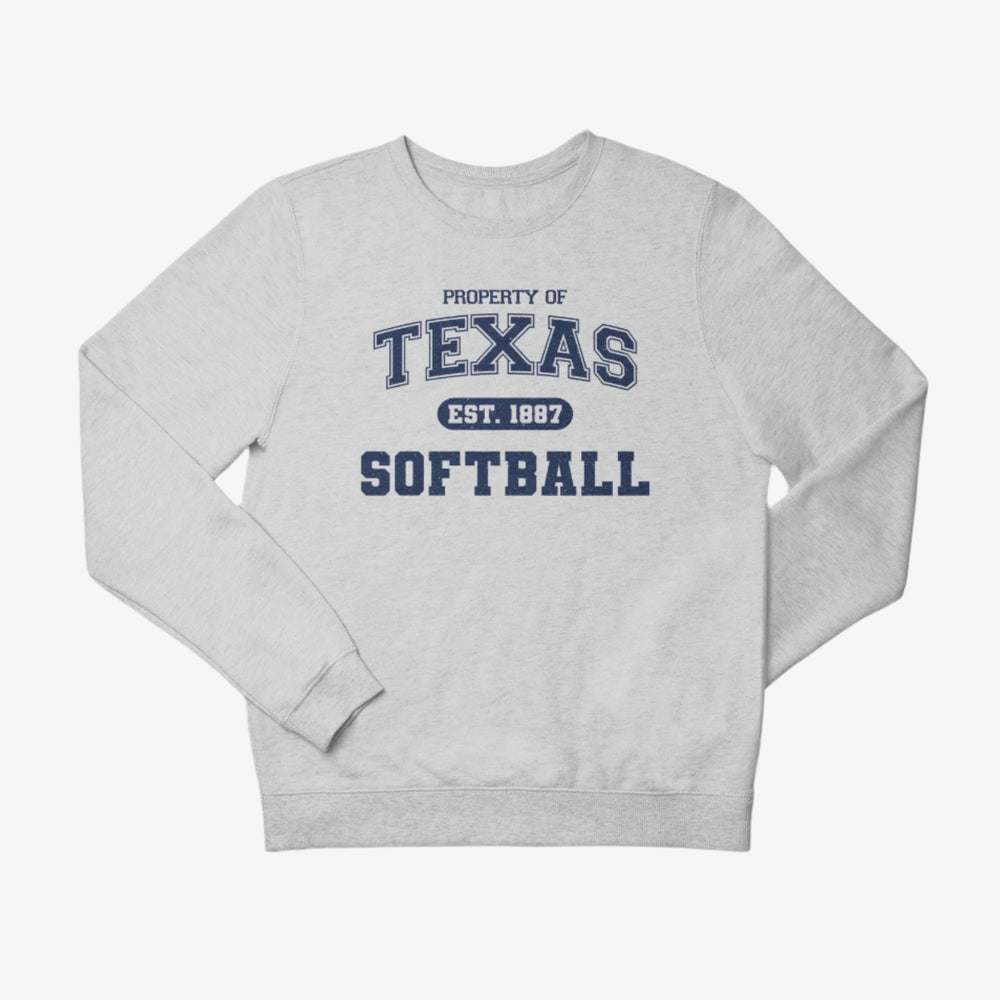 Gray sweatshirt with 'Property of Texas Softball' text on a white background