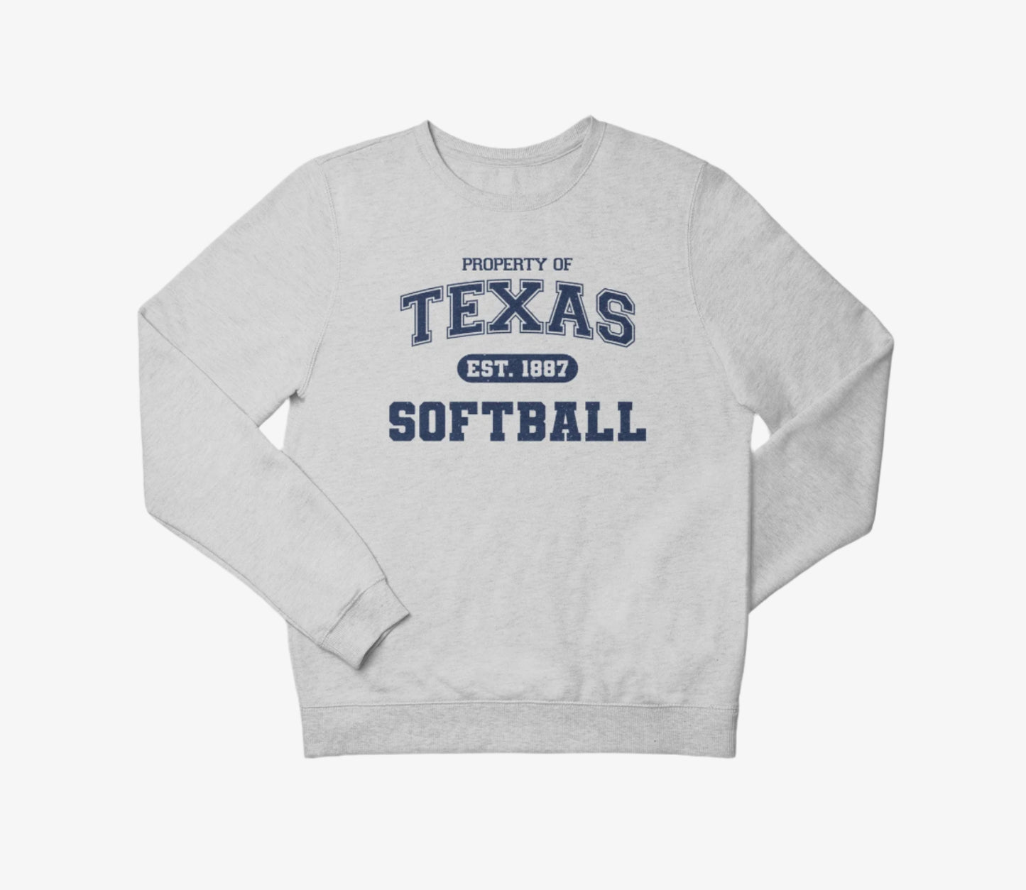 Gray sweatshirt with 'Property of Texas Softball' text on a white background