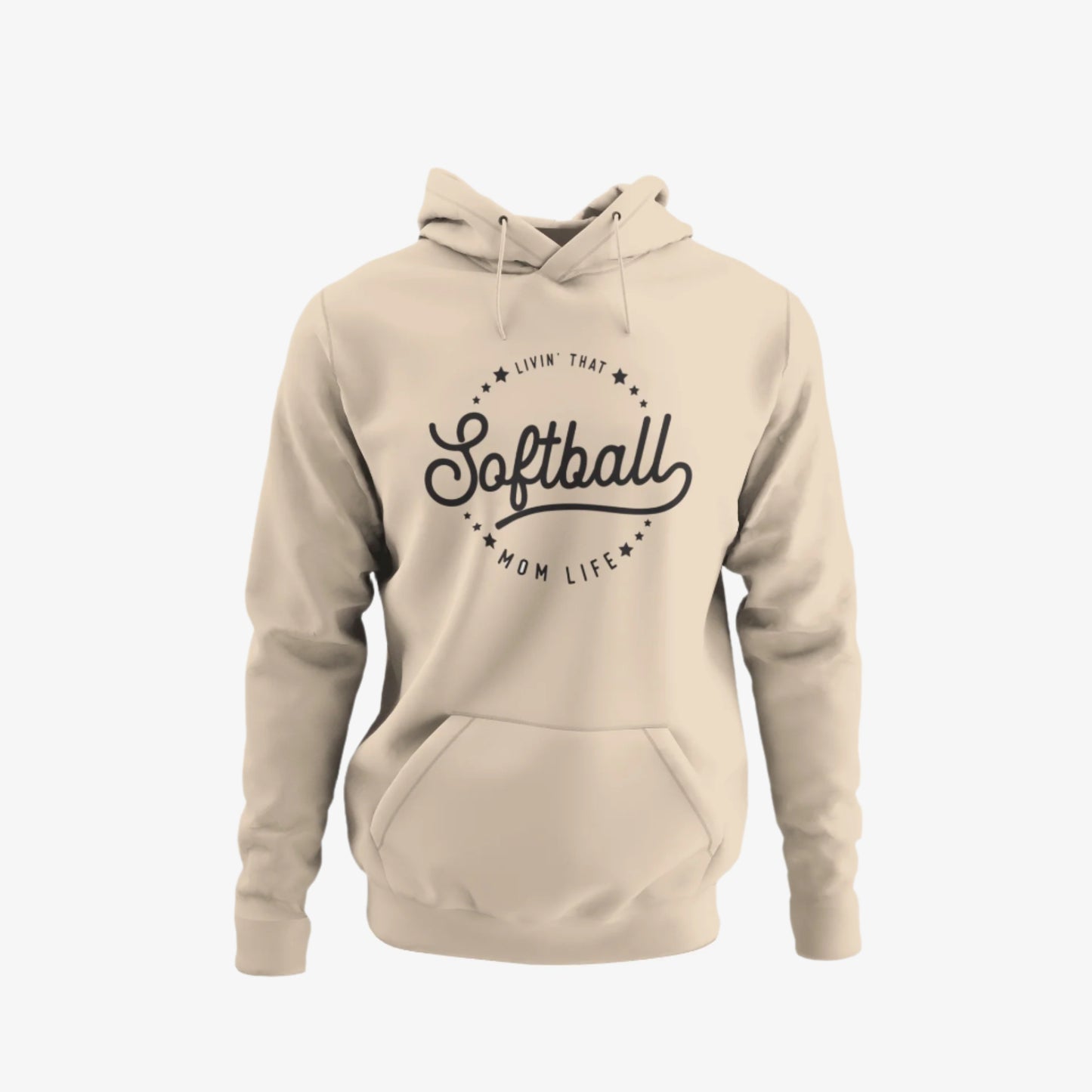 Beige hoodie with 'Livin' that Softball Mom Life' text on a white background