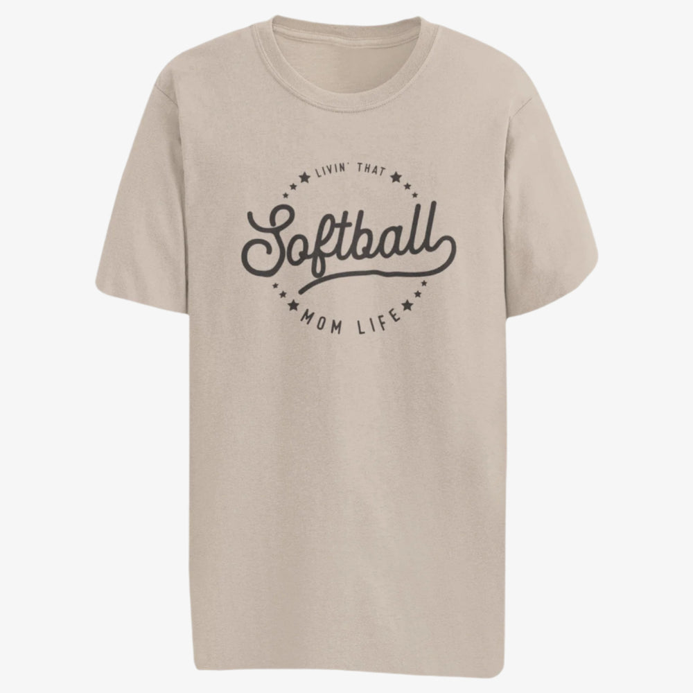 Beige t-shirt with 'Softball Mom Life' text on a white background