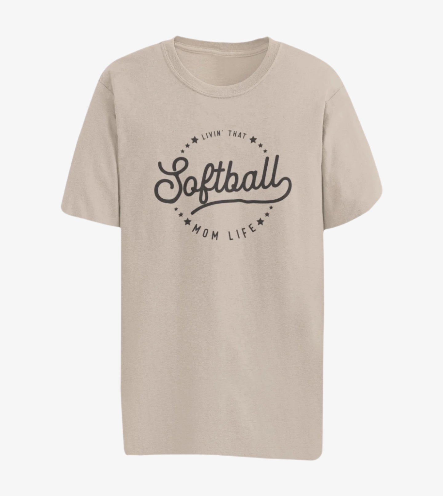 Beige t-shirt with 'Softball Mom Life' text on a white background