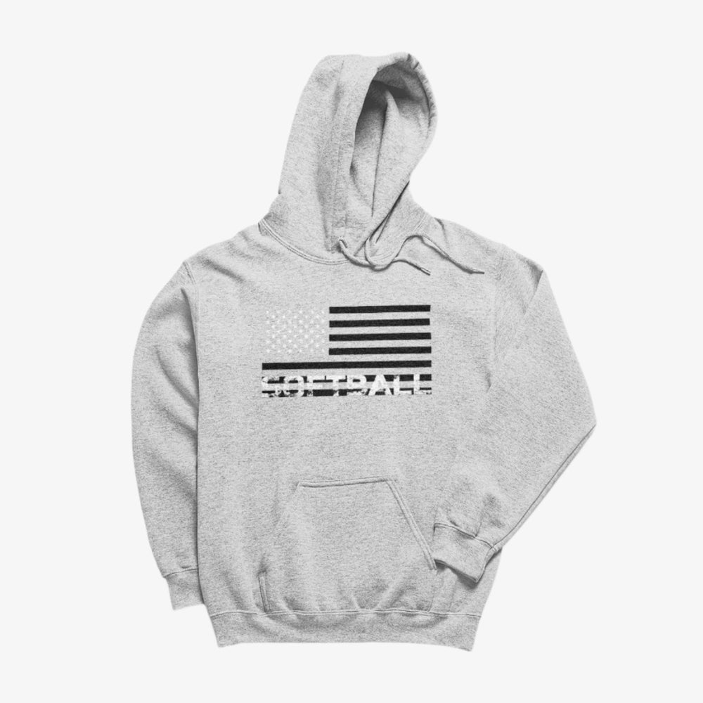 
                  
                    Gray hoodie with a black and white flag design on a white background
                  
                