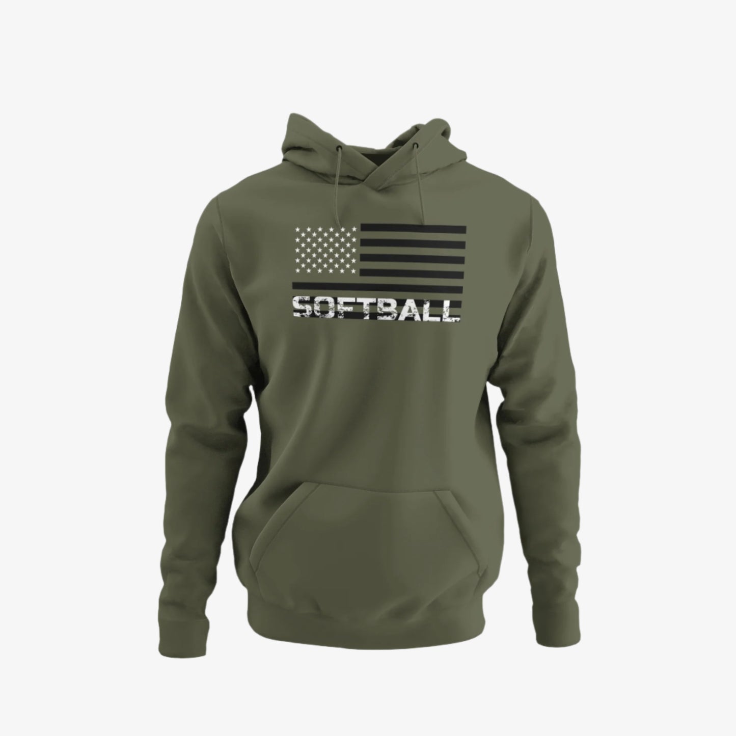 Green hoodie with American flag design and 'SOFTBALL' text on a white background