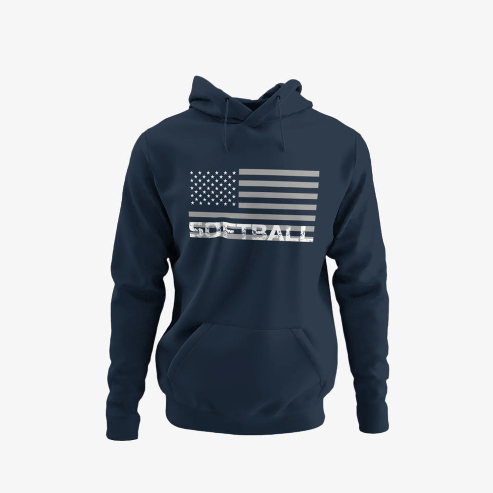 
                  
                    Navy blue hoodie with American flag and 'SOFTBALL' text on a white background
                  
                