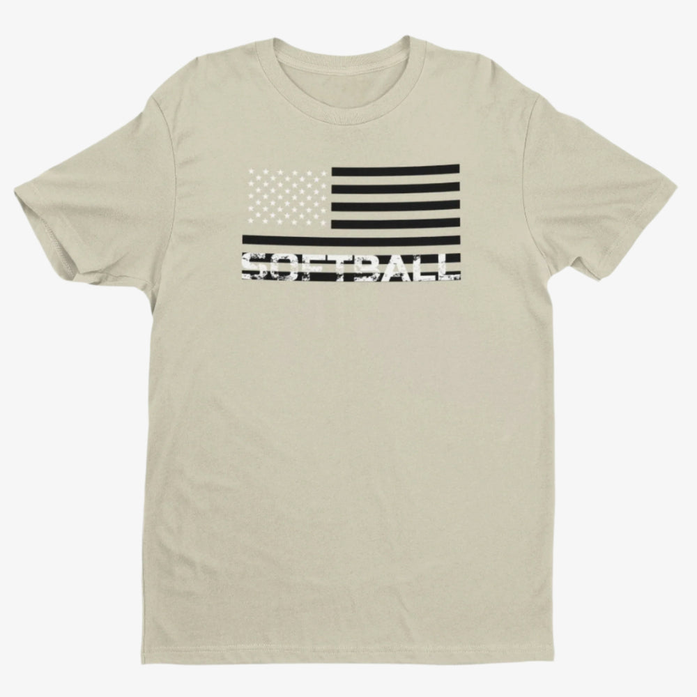 
                  
                    Beige t-shirt features a design of white stars and stripes inspired by the American flag, with "Softball" in a vintage font on a white background
                  
                