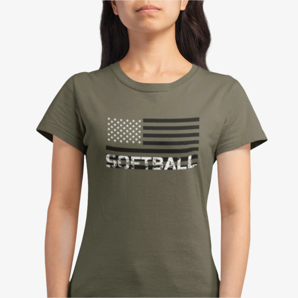 Person wearing Green t-shirt features a design of white stars and stripes inspired by the American flag, with "Softball" in a vintage font on a white background