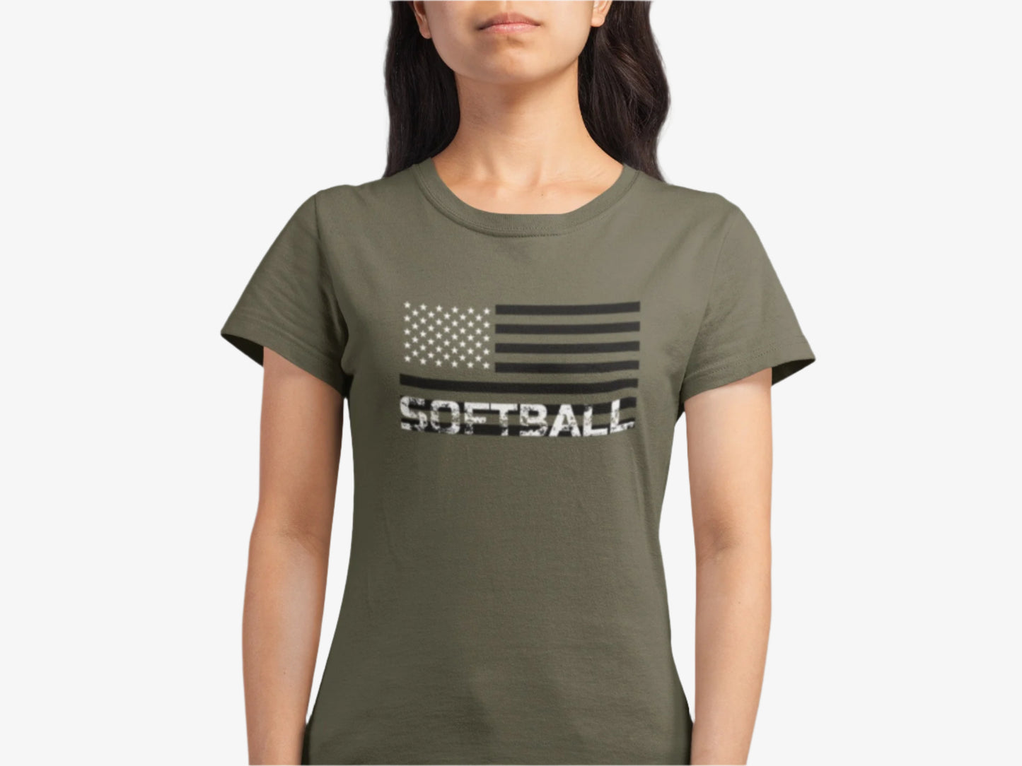 Person wearing Green t-shirt features a design of white stars and stripes inspired by the American flag, with "Softball" in a vintage font on a white background