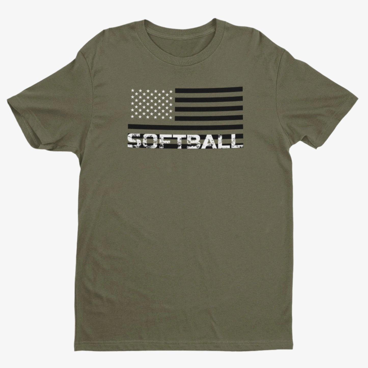 Green t-shirt features a design of white stars and stripes inspired by the American flag, with "Softball" in a vintage font on a white background