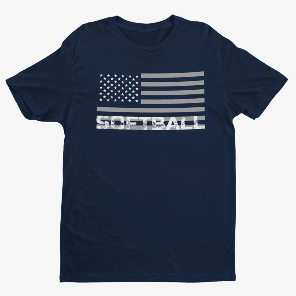 
                  
                    Navy blue t-shirt features a design of white stars and stripes inspired by the American flag, with "Softball" in a vintage font on a white background
                  
                
