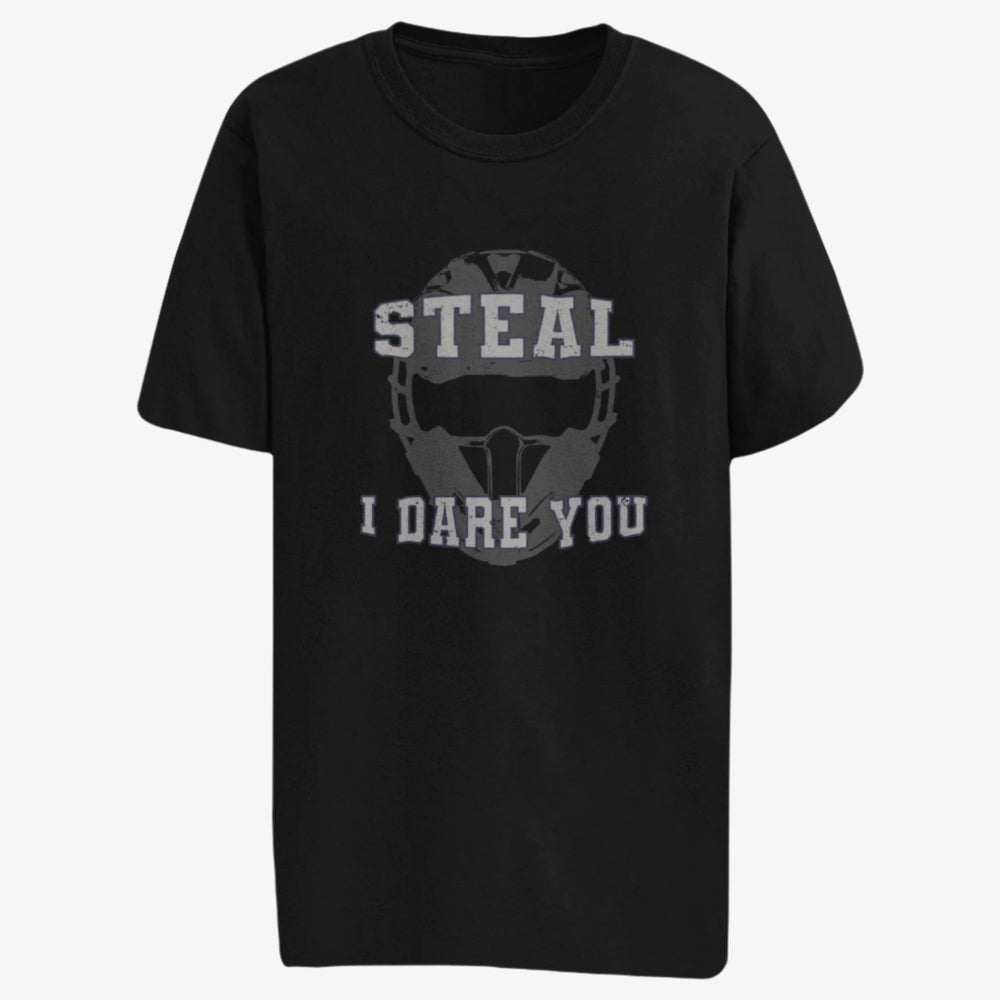 Black t-shirt with graphic design that features a catcher's mask and the daring words, "Steal I Dare You" on a white background