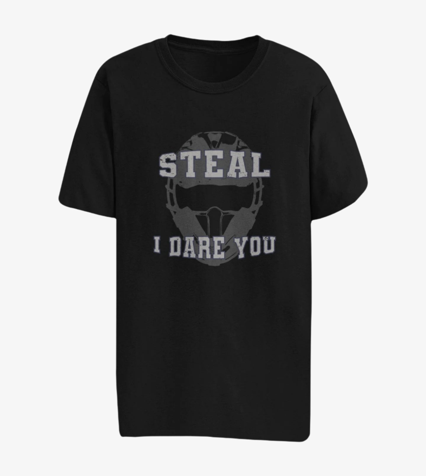 Black t-shirt with graphic design that features a catcher's mask and the daring words, "Steal I Dare You" on a white background