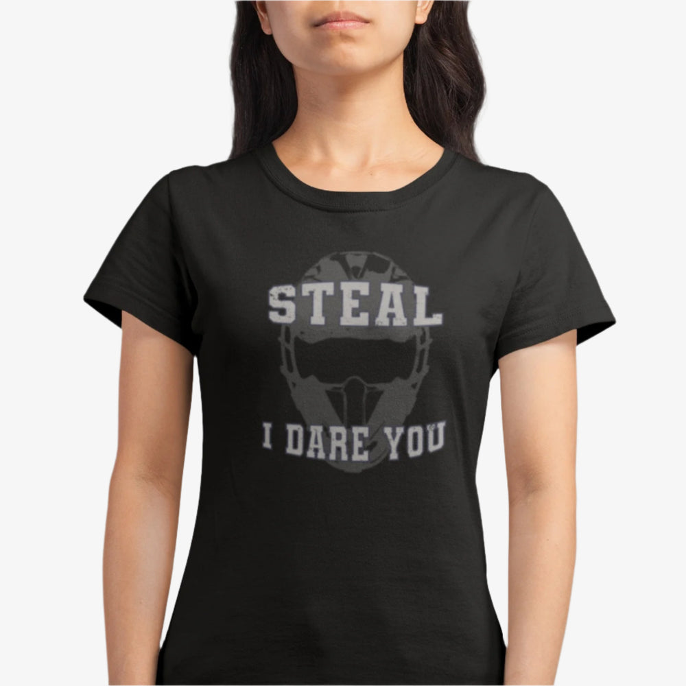 Person wearing a Black t-shirt with graphic design that features a catcher's mask and the daring words, "Steal I Dare You" on a white background